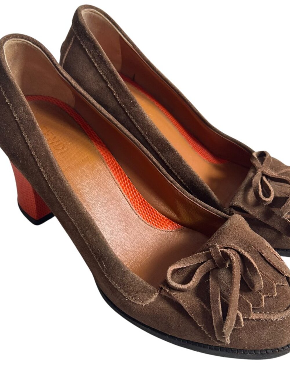 Fendi high heels Austen Loafer Pumps 38 brown suede fringe bow orange leather